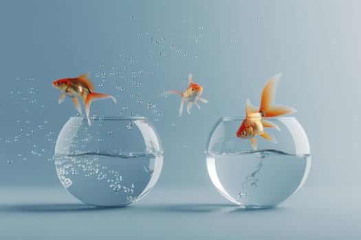 Goldfish jumping out of glass vase on blue background creative art concept illustrating freedom and movement