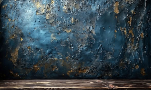 A weathered blue wall with peeling paint. Selective focus