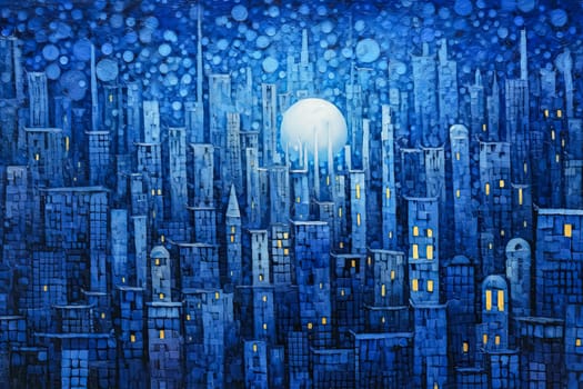 A painting of a cityscape with a large moon in the sky. The painting is blue and has a moody, dreamy feel to it