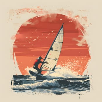 A man is gliding on a wave aboard a sailboat in the ocean, showcasing the thrilling experience of windsports and the beauty of sailing