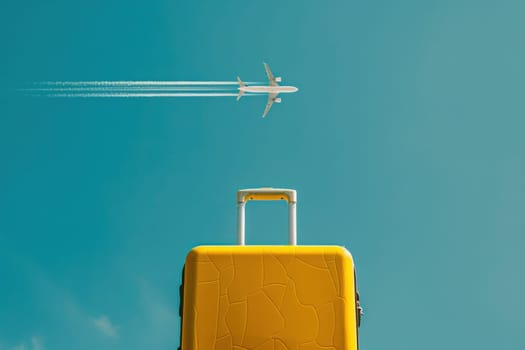 Traveling in style a vibrant yellow suitcase and a plane soaring in the clear blue sky