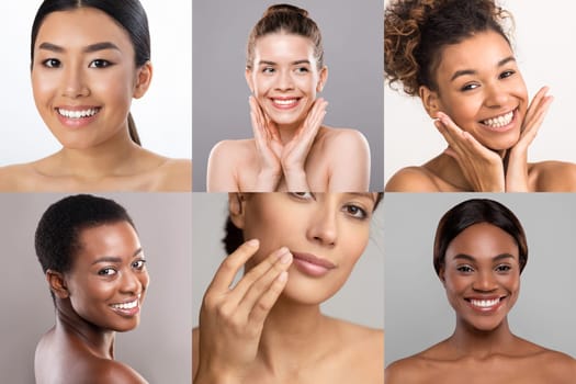 This image showcases five close-up portraits of women with diverse skin tones. All five women are smiling and looking directly at the camera, showcasing their skins natural beauty.