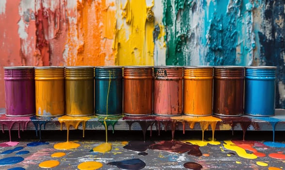 A row of paint cans on a colorful background. Selective focus.