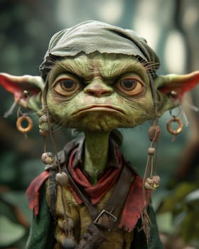 3D, cartoon goblin in the forest, close-up. Selective focus