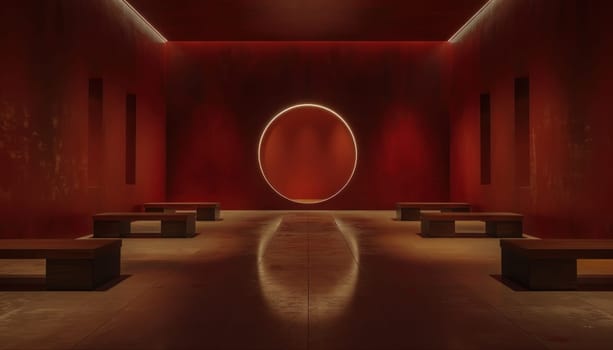 Empty room with red walls and circular light an artistic and minimalistic interior design concept