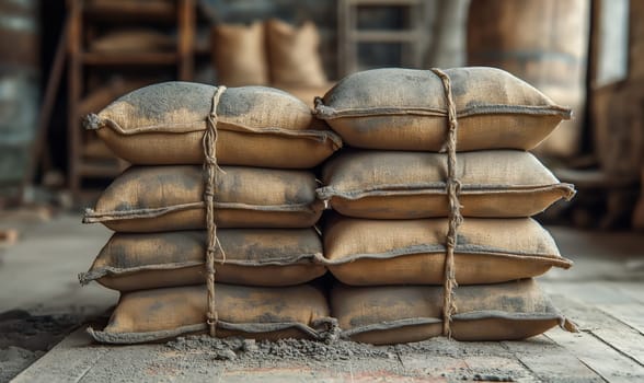 Bags of cement are stored indoors. Selective soft focus.