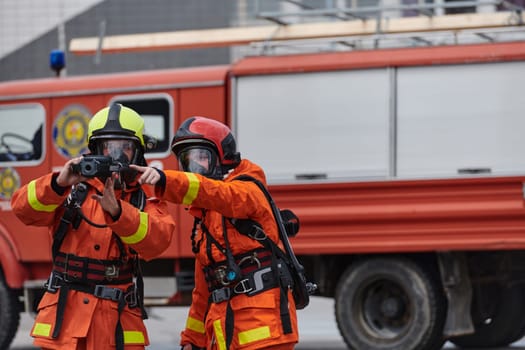 A group of firefighters undergoes training to learn how to effectively use a thermal camera in firefighting operations.