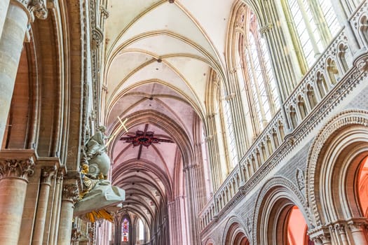 BAYEUX, FRANCE, MAY 14, 2024 : interiors architectural decors of Cathedral of Our Lady of Bayeux, norrmandy