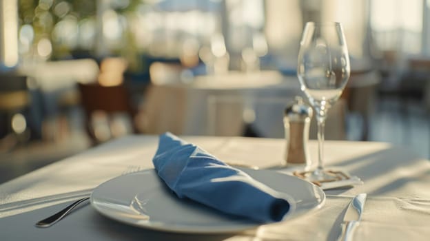 Elegant restaurant table setting with napkin and wine glass on white table for fine dining experience