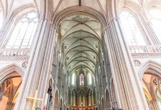 BAYEUX, FRANCE, MAY 14, 2024 : interiors architectural decors of Cathedral of Our Lady of Bayeux, norrmandy