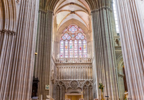 BAYEUX, FRANCE, MAY 14, 2024 : interiors architectural decors of Cathedral of Our Lady of Bayeux, norrmandy