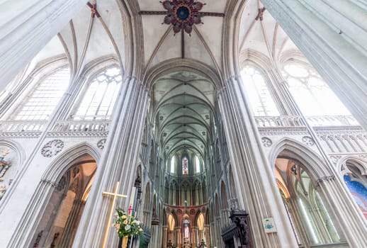 BAYEUX, FRANCE, MAY 14, 2024 : interiors architectural decors of Cathedral of Our Lady of Bayeux, norrmandy