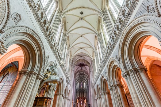 BAYEUX, FRANCE, MAY 14, 2024 : interiors architectural decors of Cathedral of Our Lady of Bayeux, norrmandy