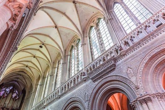 BAYEUX, FRANCE, MAY 14, 2024 : interiors architectural decors of Cathedral of Our Lady of Bayeux, norrmandy