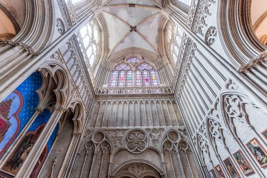 BAYEUX, FRANCE, MAY 14, 2024 : interiors architectural decors of Cathedral of Our Lady of Bayeux, norrmandy