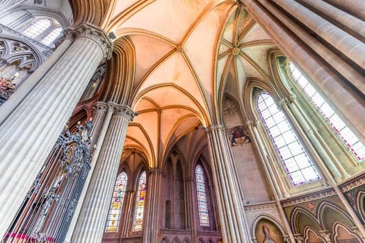 BAYEUX, FRANCE, MAY 14, 2024 : interiors architectural decors of Cathedral of Our Lady of Bayeux, norrmandy