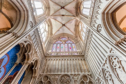 BAYEUX, FRANCE, MAY 14, 2024 : interiors architectural decors of Cathedral of Our Lady of Bayeux, norrmandy