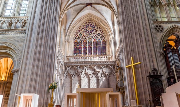 BAYEUX, FRANCE, MAY 14, 2024 : interiors architectural decors of Cathedral of Our Lady of Bayeux, norrmandy