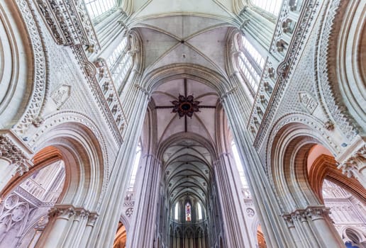 BAYEUX, FRANCE, MAY 14, 2024 : interiors architectural decors of Cathedral of Our Lady of Bayeux, norrmandy