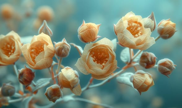 Branch with flowers on a blue background. Selective focus.