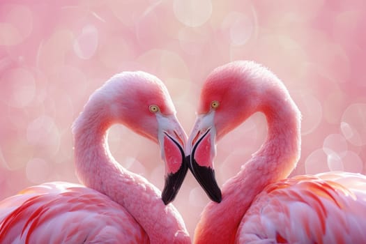 Romantic flamingos forming heart shape in stunning pink background for love, nature, and wildlife concepts