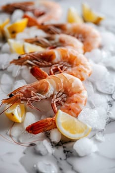 Fresh shrimps on ice with lemon slices on a white marble background for gourmet seafood recipe display