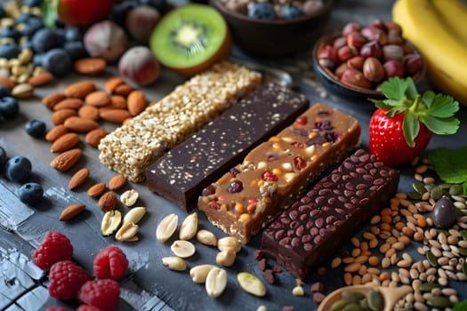 A table adorned with a variety of natural foods including nuts, fruits, and granola bars. The colorful spread is perfect for a public space or gathering