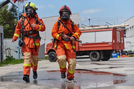 A team of firefighters, dressed in professional gear, undergoes training to learn how to use various firefighting tools and prepare for firefighting tasks.