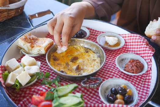 top view of turkish breakfast on table .