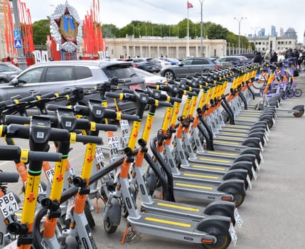 Moscow, Russia - May 9. 2024. Whoosh scooter sharing near the Gorky Park