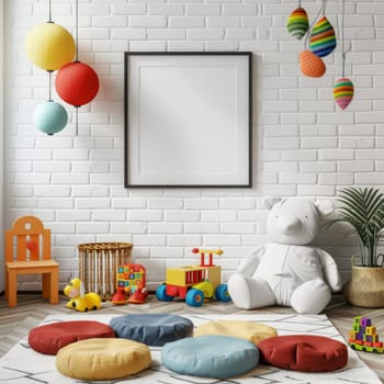 A room with a white wall and a black frame. There are many toys, including a teddy bear and a toy car. There are also many colorful balls hanging from the ceiling. The room has a playful
