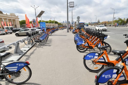 Moscow, Russia - May 9. 2024. Velobike - city bike rental with VTB Bank logo on Garden Ring street