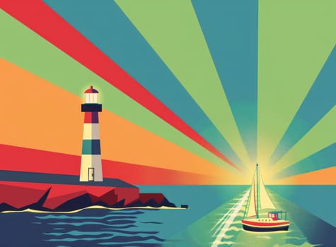 Scenic lighthouse with sailboat and sun in travel destination concept for advertising and promotion