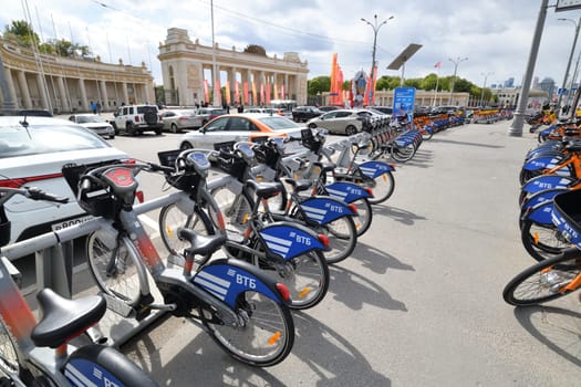 Moscow, Russia - May 9. 2024. Velobike - city bike rental with VTB Bank logo on Garden Ring street