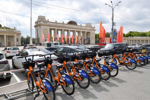 Moscow, Russia - May 9. 2024. Velobike - city bike rental with VTB Bank logo on Garden Ring street