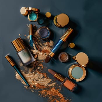 Make-up cosmetic product, beauty products and cosmetics swatch sample flatlay, various makeup brand tools as glamour fashion night out background idea