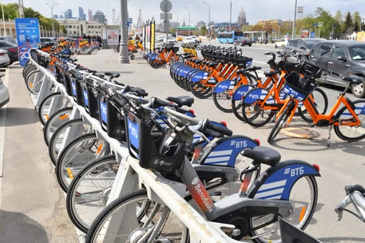 Moscow, Russia - May 9. 2024. Velobike - city bike rental with VTB Bank logo on Garden Ring street