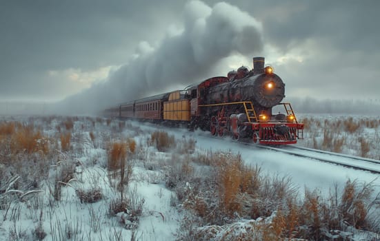 The locomotive rushes along snow-covered rails. Selective focus