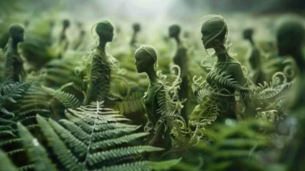 Exotic forest encounter green aliens surrounded by lush ferns in the enchanted woods