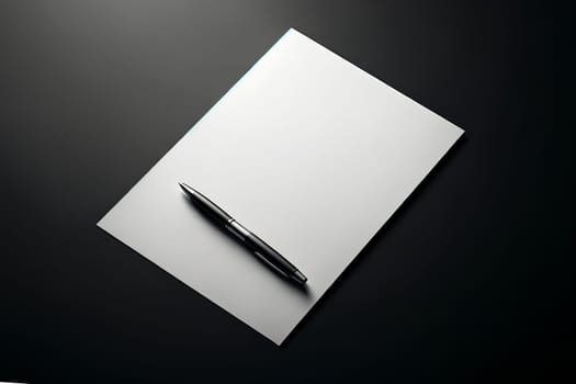 blank white sheet of paper with pen on black background, copy space
