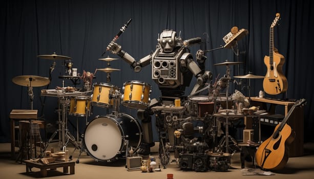 In this image, a robot is surrounded by an array of musical instruments, skillfully playing each one with precision and grace.