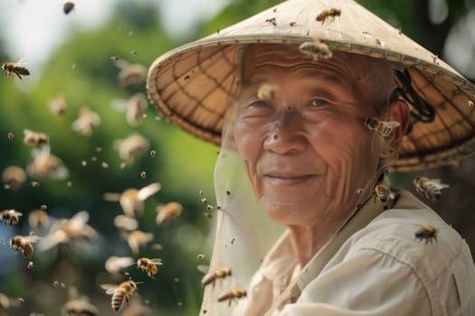 Asian man in hat surrounded by swarm of bees in field unexpected encounter with nature's beauty