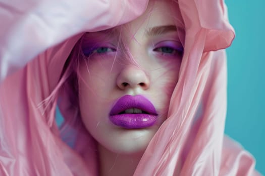 Fashionable woman with purple makeup and pink scarf, covering face and hair in beauty and fashion concept