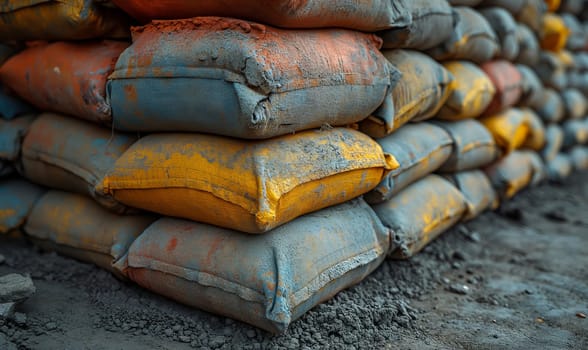 Bags of cement are stored indoors. Selective soft focus.