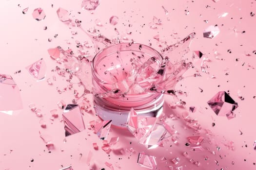 Pink liquid in glass with broken pieces of glass on pink background aesthetic beauty in fragility and resilience