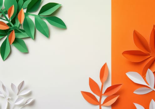 Colorful paper leaves on a white and orange background with copy space for text and elegant design