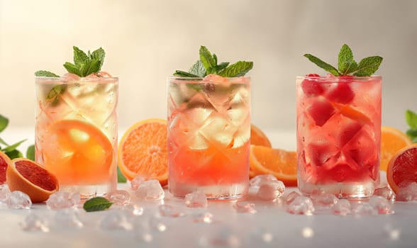 Drinks with ice and fruits on a white background. Selective focus.