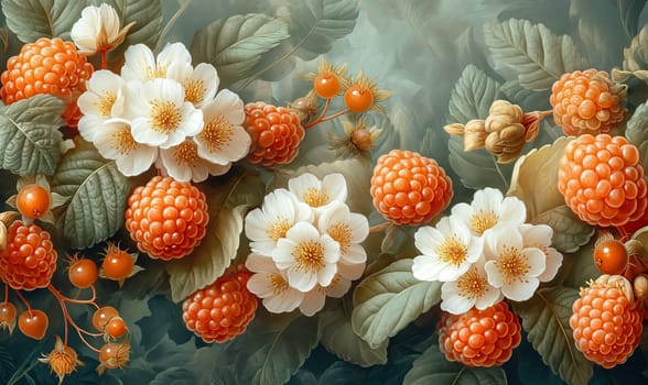 Raspberry berries and white flowers in sunlight. Selective soft focus.