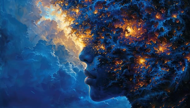 Flaming beauty woman's face with flames, clouds in background artistic interpretation of inner fire and passion