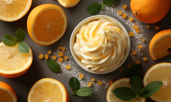 A bowl of whipped cream surrounded by oranges. Selective focus.